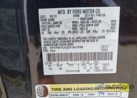 2013 Ford F-150 Lariat from USA, damaged, VIN 1FTFW1C62DFA01698